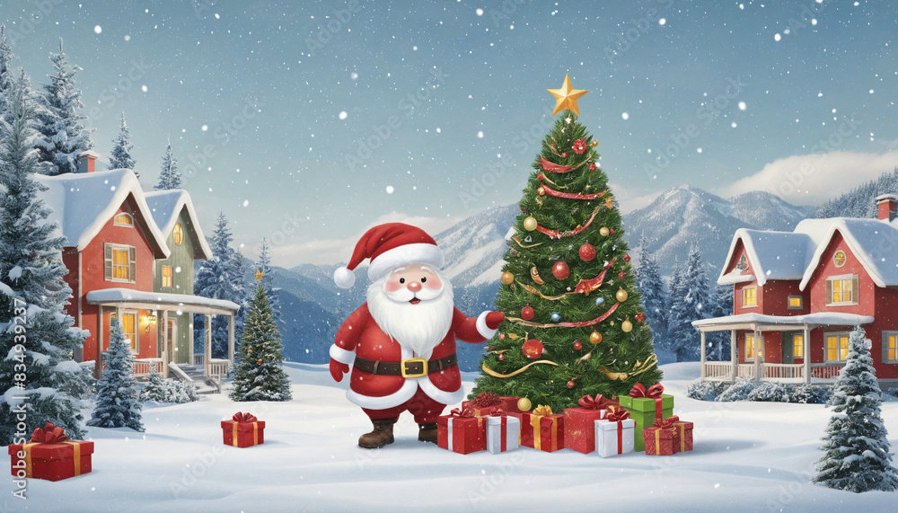 Obraz premium Winter Wonderland: Festive Greetings and Joyful Holiday Cheer with Santa, Christmas Trees, and Snowflakes