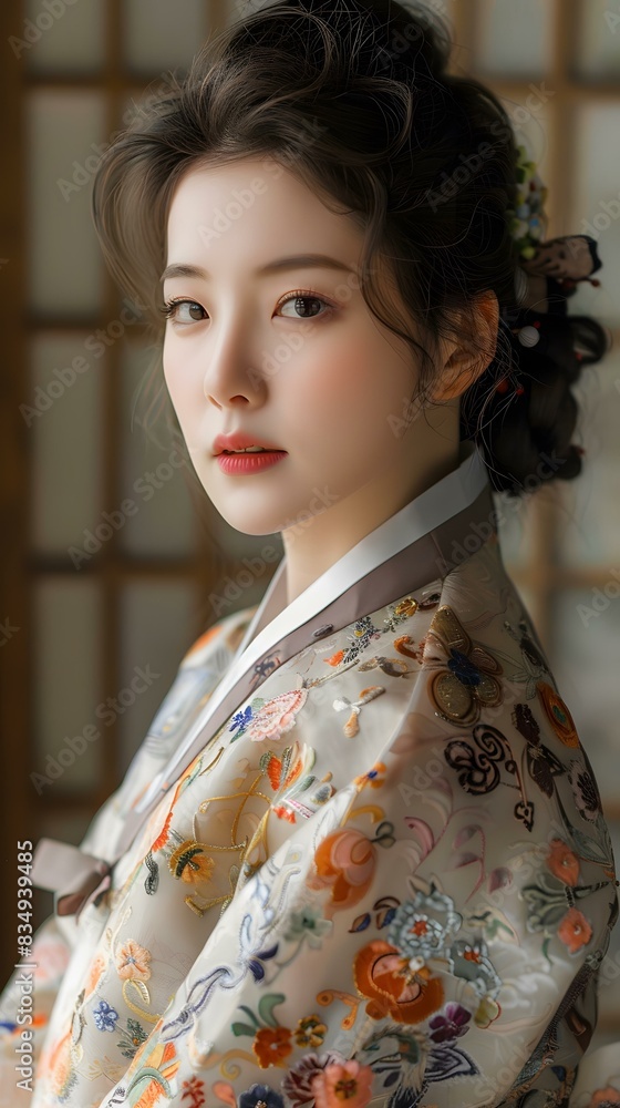 Fototapeta premium Portrait of a young woman in traditional Korean dress, or Hanbok