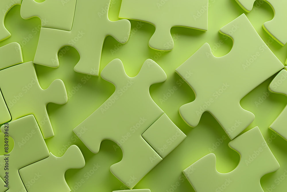 Top Down Shot of Soft Pastel green Colored 3D Render puzzle pieces Top Down Shot of Soft Pastel green Colored 3D Render puzzle pieces