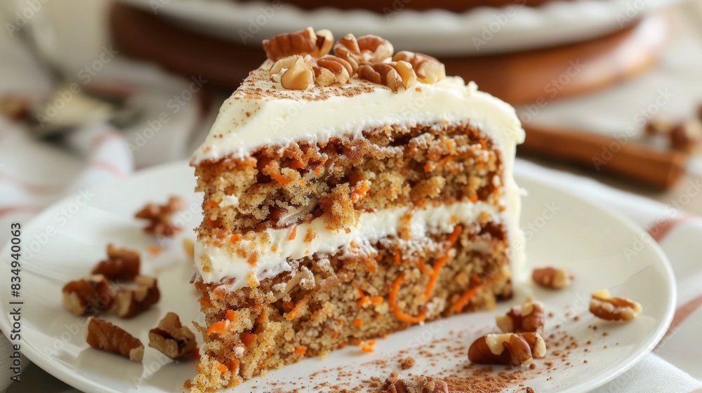 Close-up of a slice of moist carrot cake with cream cheese frosting, garnished with chopped walnuts and a sprinkle of cinnamon, served on a dessert plate. Close-up of a slice of moist carrot cake with cream cheese frosting, garnished with chopped walnuts and a sprinkle of cinnamon, served on a dessert plate.