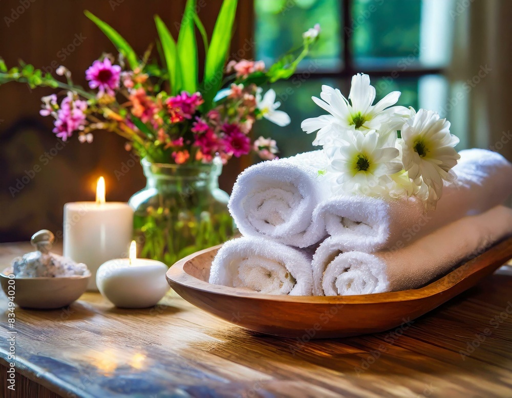 spa still life.Wellness spa environment featuring white towels, aromatherapy flowers, and a calming bathroom atmosphere. spa still life.Wellness spa environment featuring white towels, aromatherapy flowers, and a calming bathroom atmosphere.
