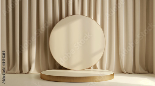 Elegant Beige Display Pedestal with Circular Backdrop and Flowing Curtains. Copy space. Generative AI