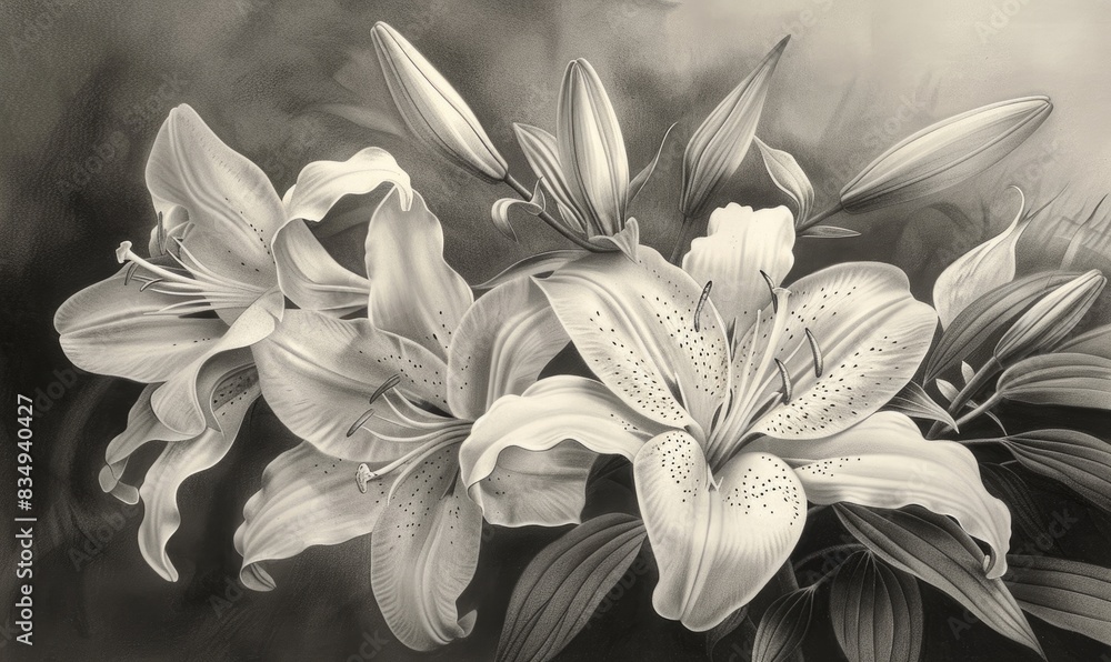 Black and white illustration of lilies Black and white illustration of lilies