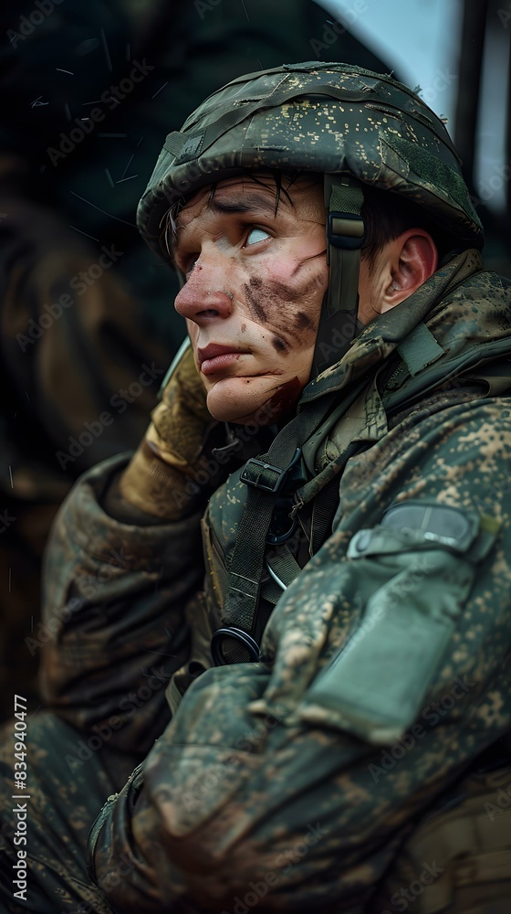 A soldier wearing a camouflage helmet and uniform looks off into the distance, lost in thought.