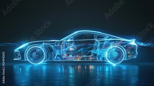 Car in blue x-ray on dark background. 3D rendering photo
