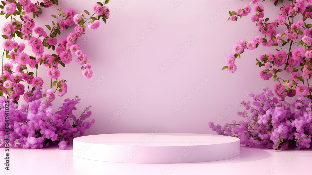 Floral display with pink and purple flowers on a pastel pink background. Copy space. Generative AI Floral display with pink and purple flowers on a pastel pink background. Copy space. Generative AI