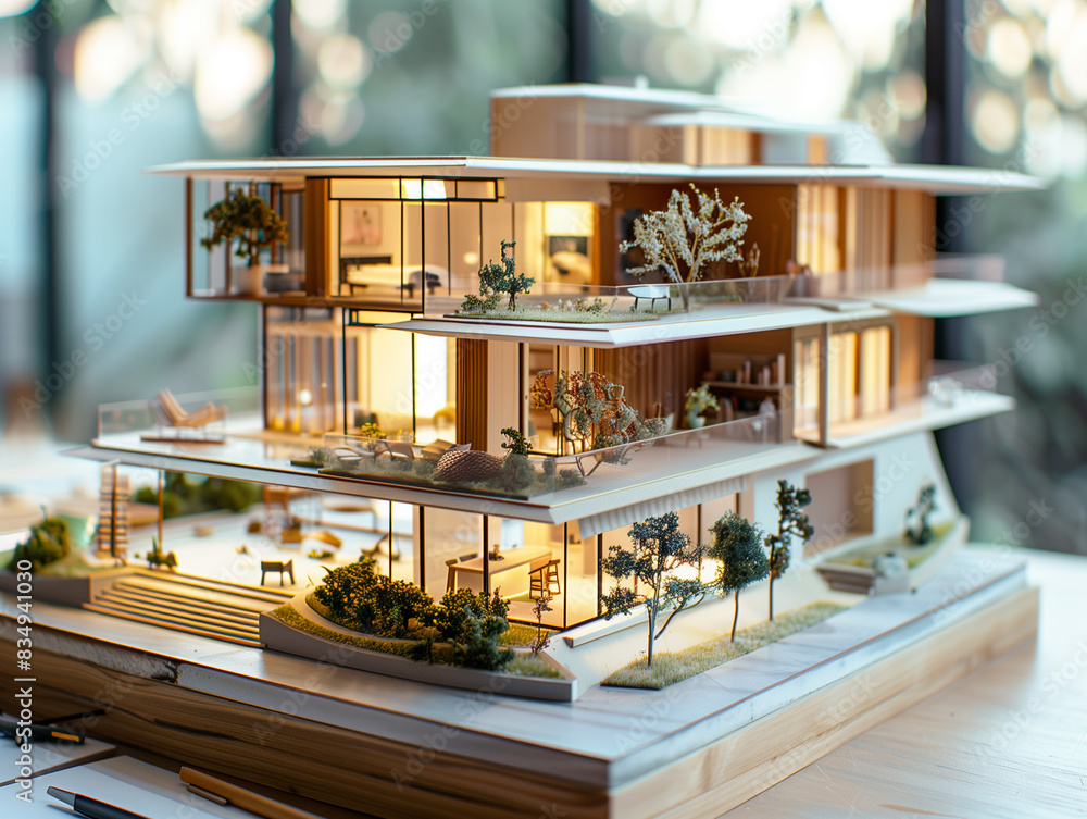 In an architect workshop, a detailed house replica, blending digital schematics In an architect workshop, a detailed house replica, blending digital schematics