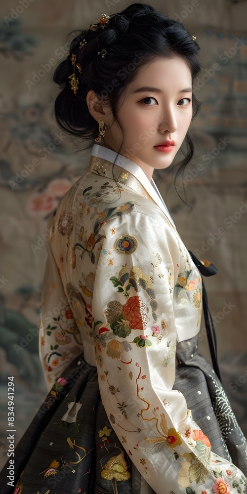 Portrait of a young woman in traditional Korean dress, or Hanbok Portrait of a young woman in traditional Korean dress, or Hanbok