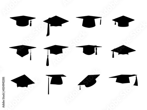 Set of Graduation Cap Silhouette in various poses isolated on white background