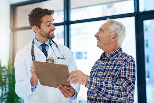 Tableau sur toile Clipboard, hospital or medical with doctor and old man in office for consulting appointment