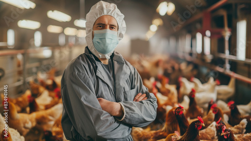 Bird flu virus outbreak, farmer with chicken, Avian influenza, infectious disease spreading to mammals and humans, sick animals