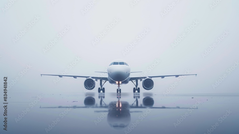 A white airplane sits on a wet runway with fog in the background A white airplane sits on a wet runway with fog in the background