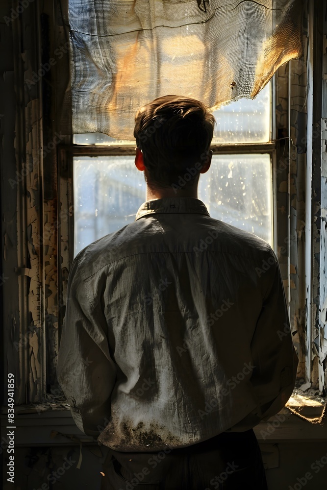 Naklejka premium Man looking out the window