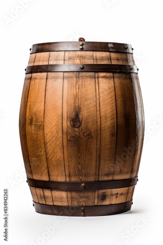 A brown wooden barrel with metal bands isolated on a white background