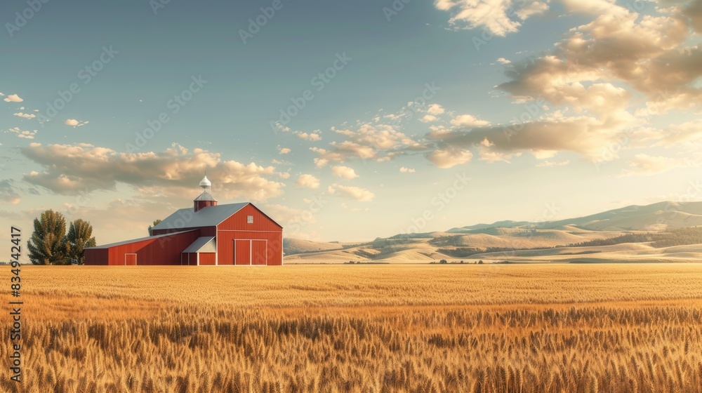 A classic red barn stands in a field of golden wheat, with rolling hills in the distance and a beautiful sunset sky above A classic red barn stands in a field of golden wheat, with rolling hills in the distance and a beautiful sunset sky above