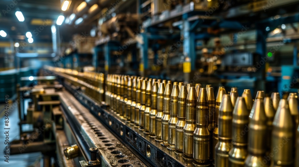 A close-up view of a bullet manufacturing line in a factory setting. The bullets are arranged in rows on a conveyor belt, moving toward the end of the line A close-up view of a bullet manufacturing line in a factory setting. The bullets are arranged in rows on a conveyor belt, moving toward the end of the line