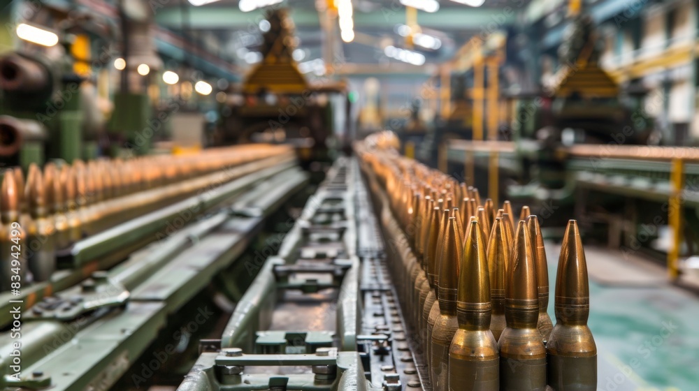 A close-up shot of an ammunition manufacturing plant conveyor belt with rows of bullets moving along the line A close-up shot of an ammunition manufacturing plant conveyor belt with rows of bullets moving along the line