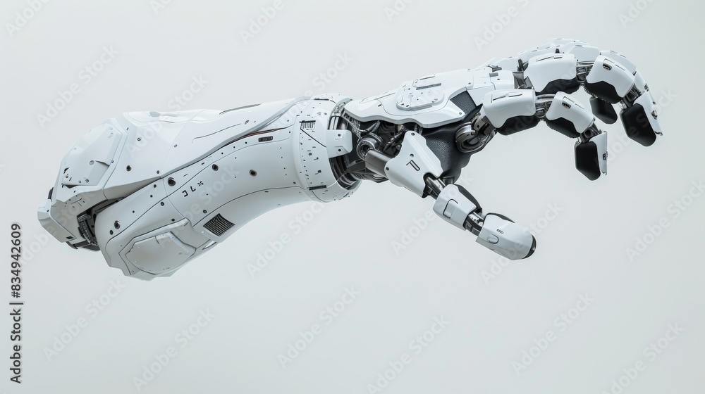 A close-up shot of a white robotic arm reaching out against a white backdrop. The robotic hand is articulated and has multiple joints, making it appear flexible and able to move in many directions A close-up shot of a white robotic arm reaching out against a white backdrop. The robotic hand is articulated and has multiple joints, making it appear flexible and able to move in many directions