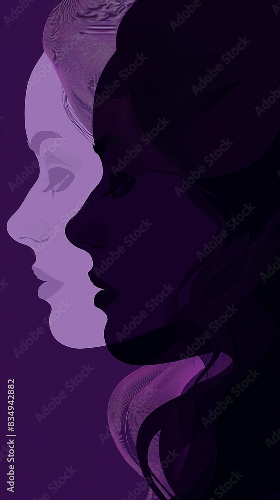 Female Face Silhouette of a double girl. Portraits of different women in profile. Violet colors Female Face Silhouette of a double girl. Portraits of different women in profile. Violet colors