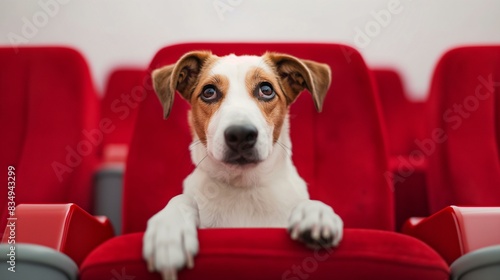 Cute Dog Watching a Movie While Sitting in a Red Cinema Seat photo