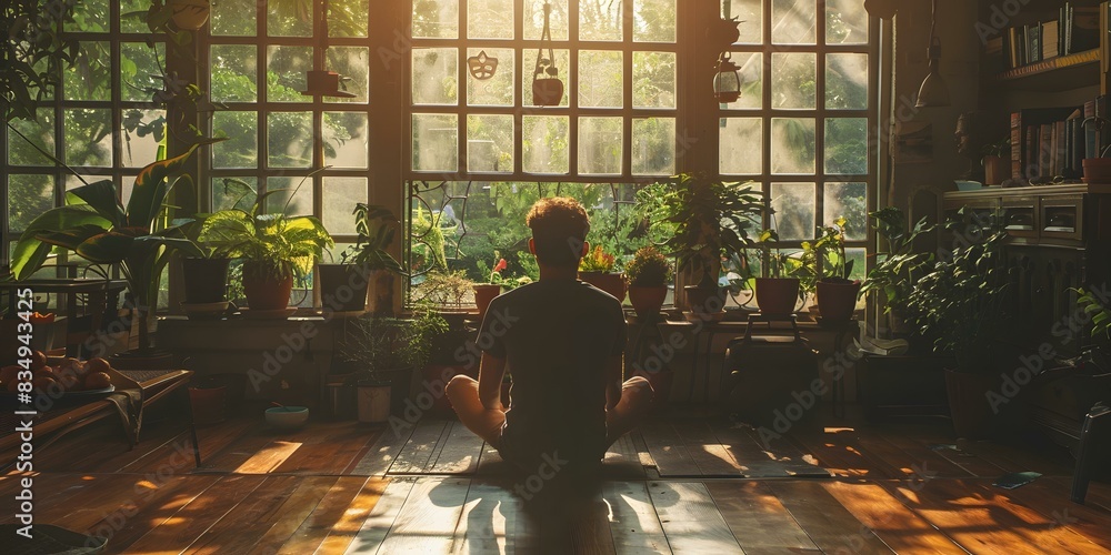 man practices yoga in a sunlit room full of plants man practices yoga in a sunlit room full of plants