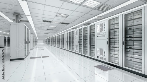 Modern Data Center with Rows of Network Servers and Storage Systems