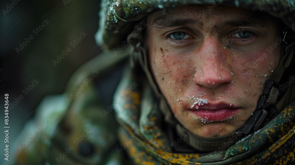 Portrait of a young soldier with blue eyes and a determined expression on his face Portrait of a young soldier with blue eyes and a determined expression on his face