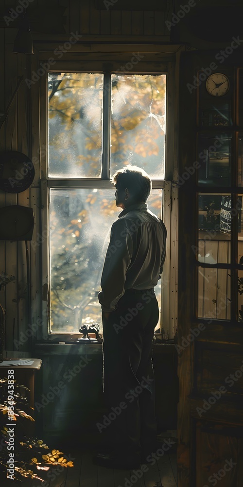 A man is standing in front of a window and looking out A man is standing in front of a window and looking out