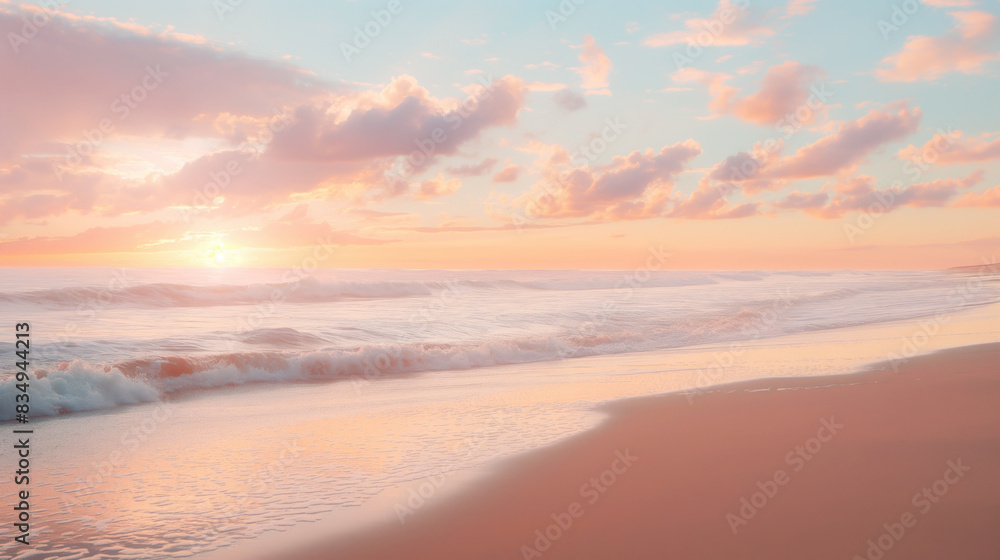Sunset on a sandy beach. Beautiful sunset over the ocean with waves gently hitting the sandy shore, under a sky with pink and orange clouds Sunset on a sandy beach. Beautiful sunset over the ocean with waves gently hitting the sandy shore, under a sky with pink and orange clouds
