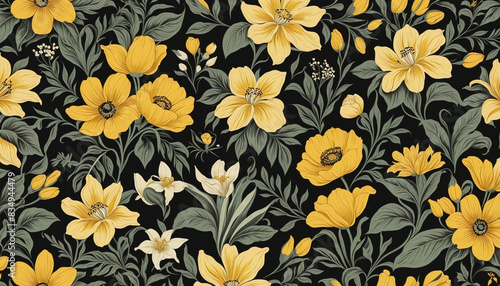 Romantic Victorian Floral Patterned Seamless Wallpaper in Yellow and Black for Digital Backgrounds and Textile Designs