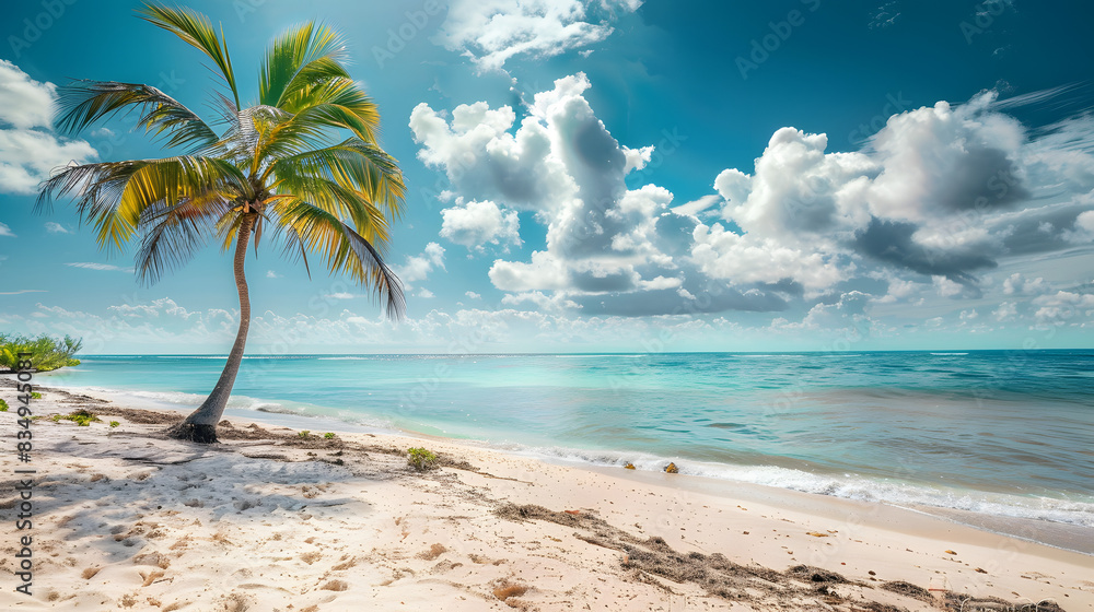 Beautiful palm tree on tropical island beach on background blue sky with white clouds and turquoise ocean on sunny day. Perfect natural landscape for summer vacation, ultra wide format.