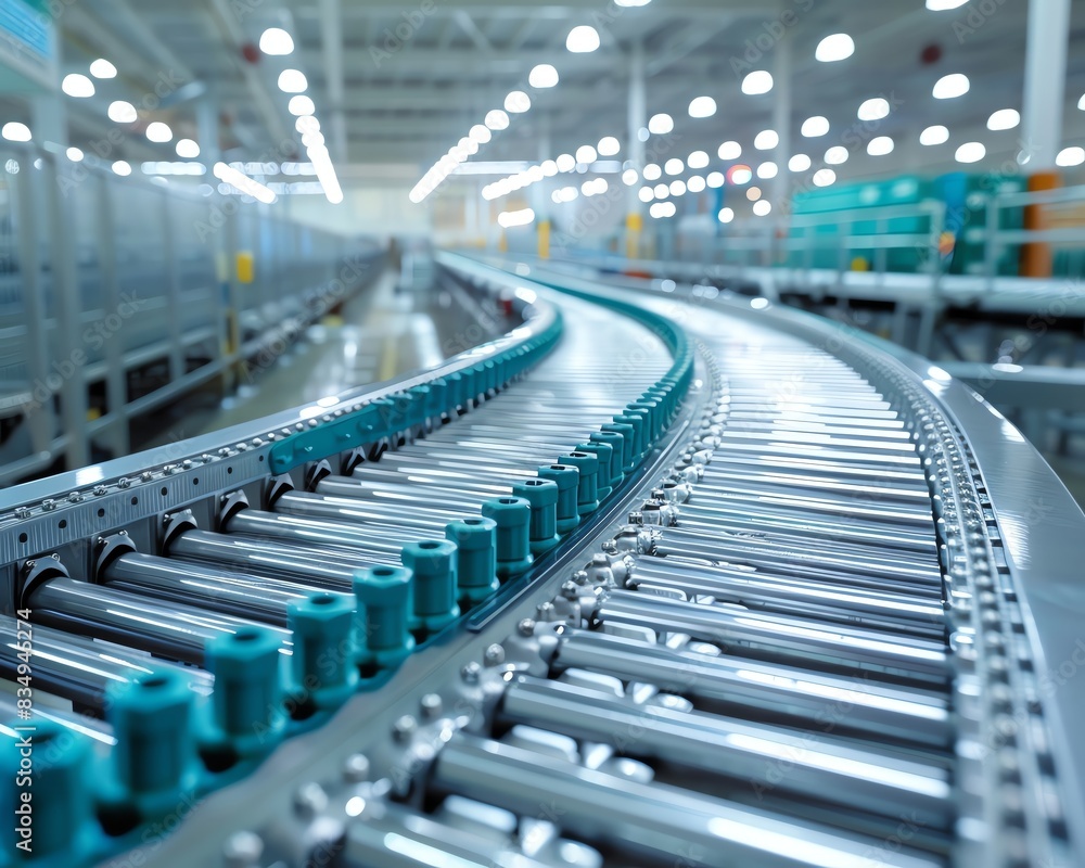 Fototapeta premium Modern conveyor belt system in an industrial warehouse, demonstrating sophistication and efficiency in automated material handling.