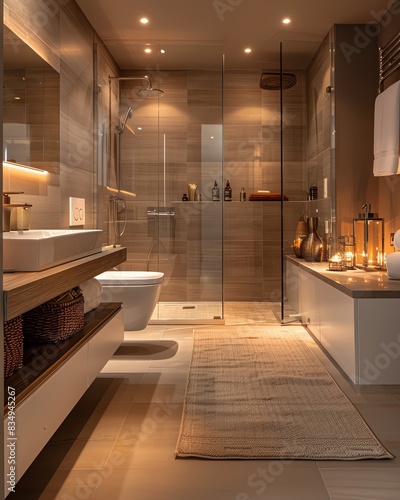 Modern bathroom with elegant lighting, glass shower, and decorative accents creating a serene and relaxing atmosphere.