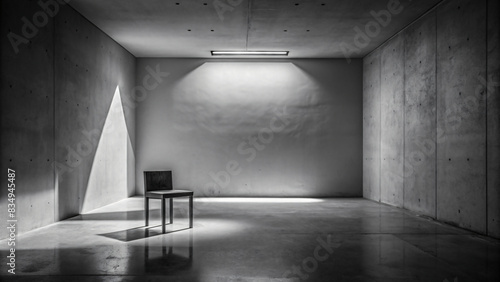 An empty, light-filled office with dark concrete walls stretches into the distance photo