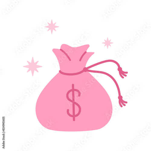 Pink core bag with money. Cowboy western and wild west theme concept. Hand drawn vector illustration. Doodle icon. Bank robbery concept