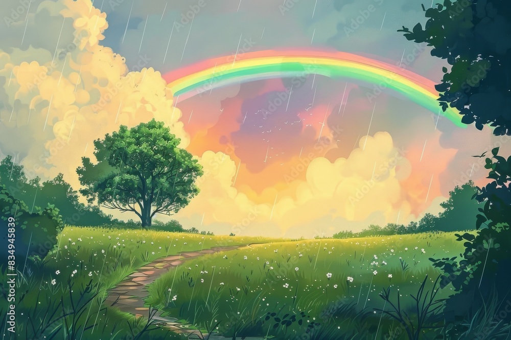 Naklejka premium Witness the beauty of a transient rainbow that emerges after a refreshing summer rain, captured in this vibrant illustration.
