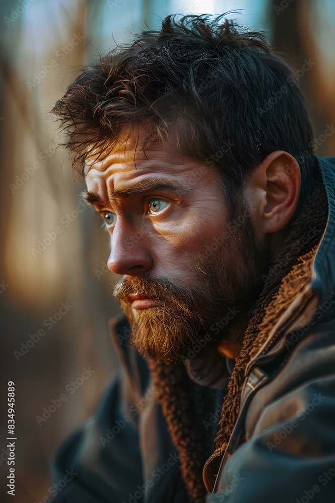A man with a beard is staring into the distance A man with a beard is staring into the distance