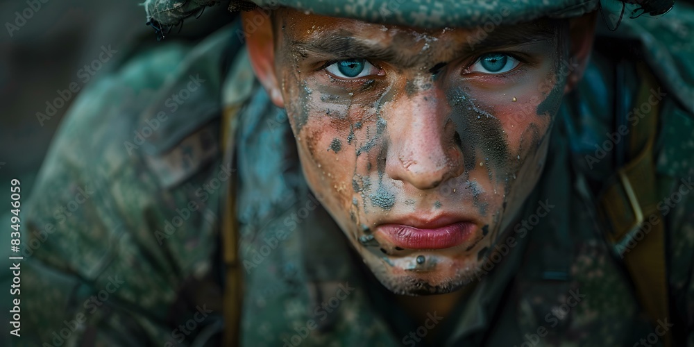 Fototapeta premium Close Up Portrait of a Soldier with Mud on his Face