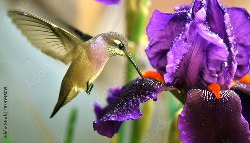 A beautiful hummingbird hovers in mid-air, its wings a blur as it sips nectar from a purple flower. photo