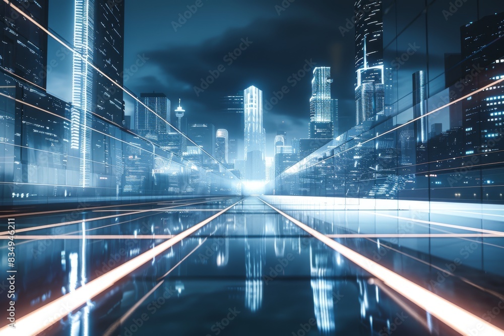 Fototapeta premium Experience the allure of a modern metropolis with its sleek, minimalist architecture and mesmerizing neon lights against a captivating dark sky.