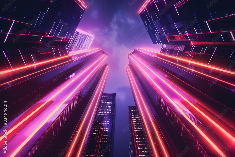 Experience the allure of a modern city with its sleek, geometric skyline glowing under neon lights against the night sky. Experience the allure of a modern city with its sleek, geometric skyline glowing under neon lights against the night sky.