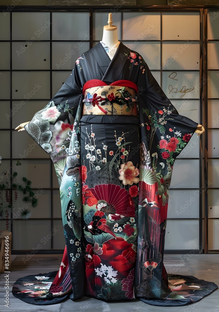 Naklejka premium A kimono with a pattern of flowers and birds