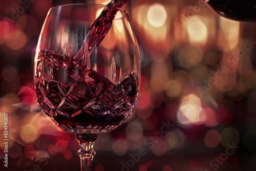 An illustration of deep red wine being poured into a crystal goblet, capturing the warmth and complexity of the vintage.