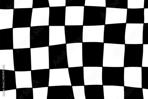 Abstract hypnotic shape pop art style. Optical checkered pattern wave motion background. Black white visual illusions. Vector illustration
