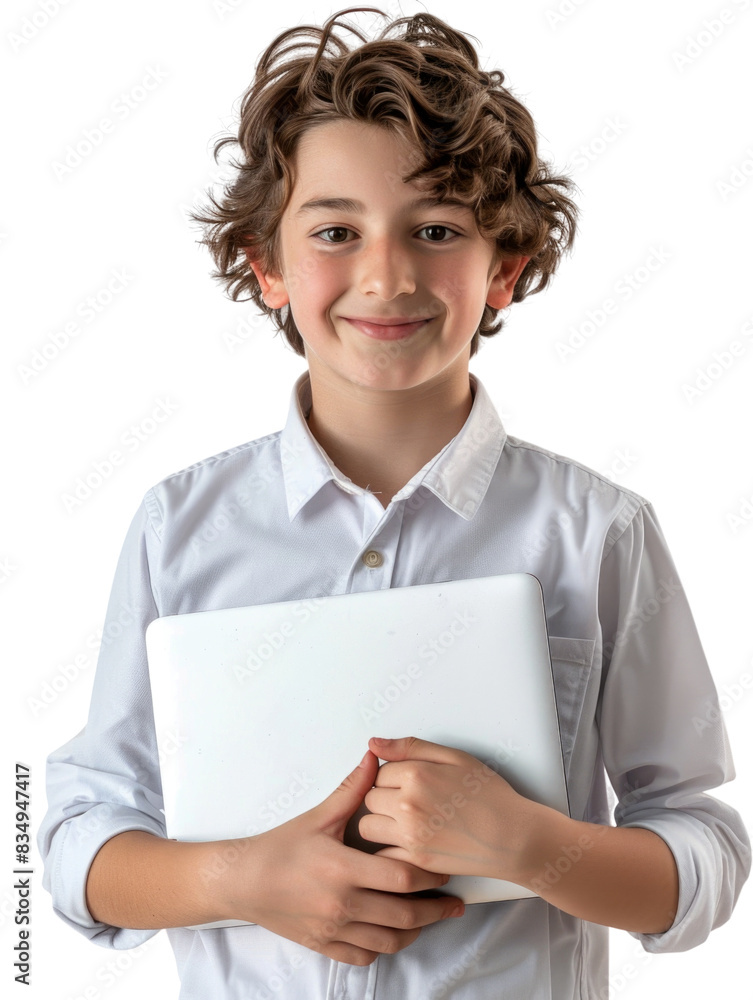 Young student wear school uniform holding laptop Young student wear school uniform holding laptop