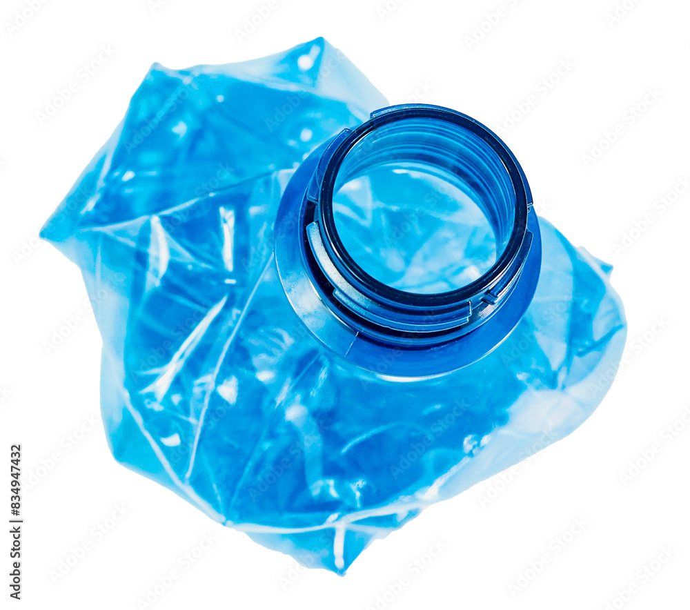 close up used blue transparent PET plastic water bottle on white background, sustainable environment concept. close up used blue transparent PET plastic water bottle on white background, sustainable environment concept.