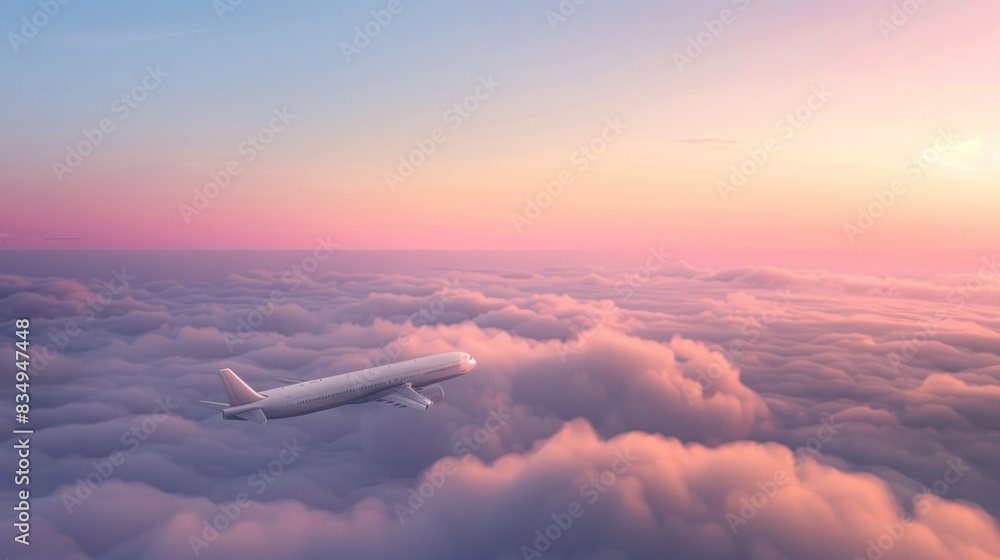 Airplane flying above clouds at sunset time of flight in 3d rendering travel and adventure concept in beautiful scenery