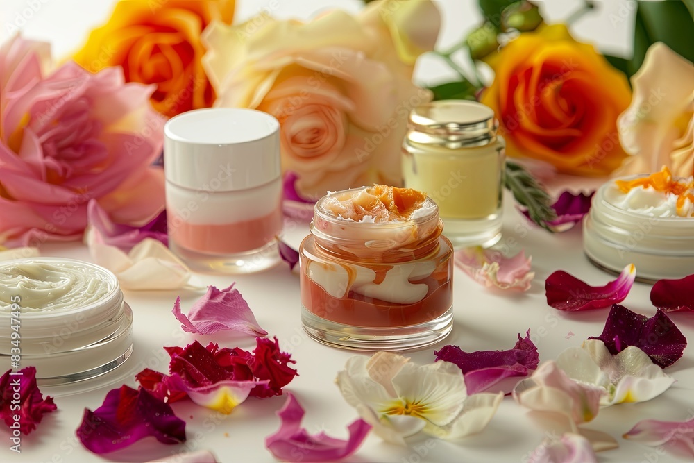 A close-up of various skincare products in jars, surrounded by rose petals on a white background. Generative AI A close-up of various skincare products in jars, surrounded by rose petals on a white background. Generative AI