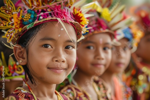 A vibrant group of children wearing colorful traditional costumes, coming together to celebrate their rich cultural heritage at a festive event.