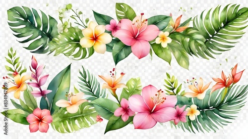 Watercolor of Tropical spring floral green leaves and flowers s isolated on transparent png background, bouquets greeting or wedding card decoration photo